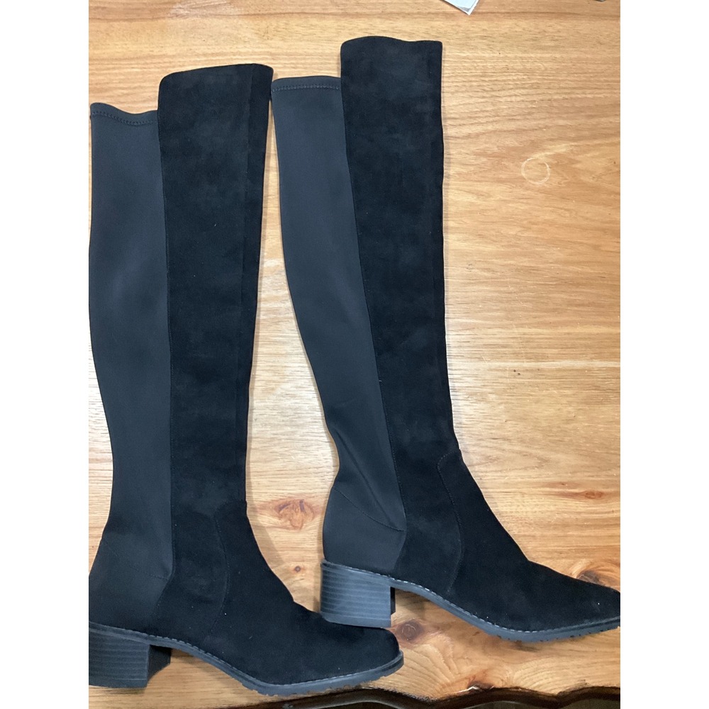 Bata Black Faux Suede Over The Knee Stretch Boots Block Heel Size 245 7.5